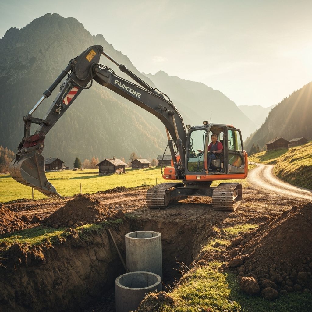 Excavator digging a trench for septic system installation on a residential property in Connecticut
